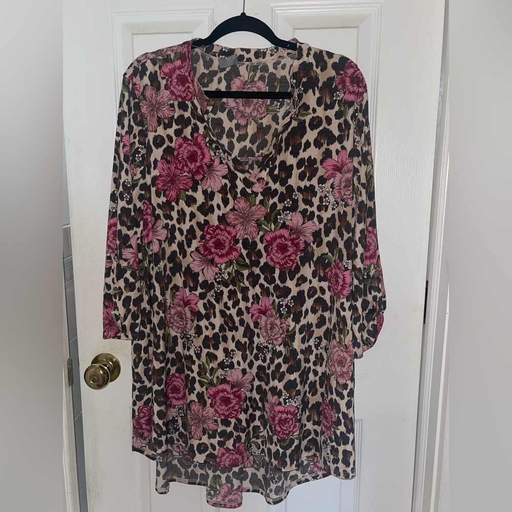 Honeyme Tan Leopard and Floral Tunic Top